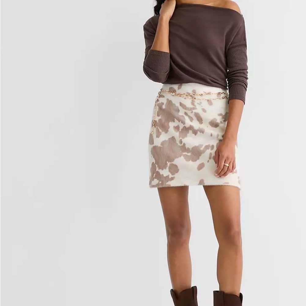 LOFT Cream and Tan Cowhide Print Mini Skirt - Spotted Felted Mini Skirt
